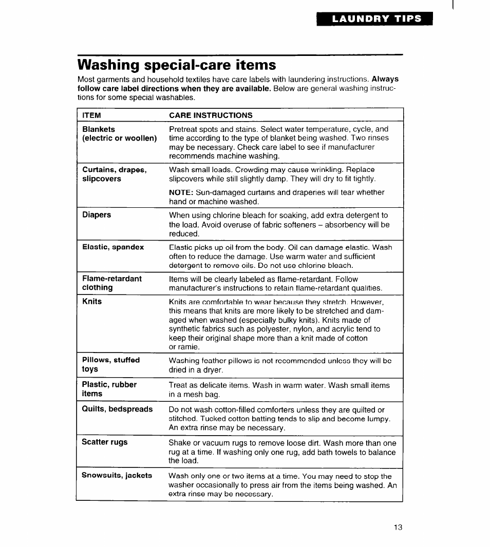 Washing special-care items | Whirlpool 6LBR5132BQ2 User Manual | Page 13 / 20