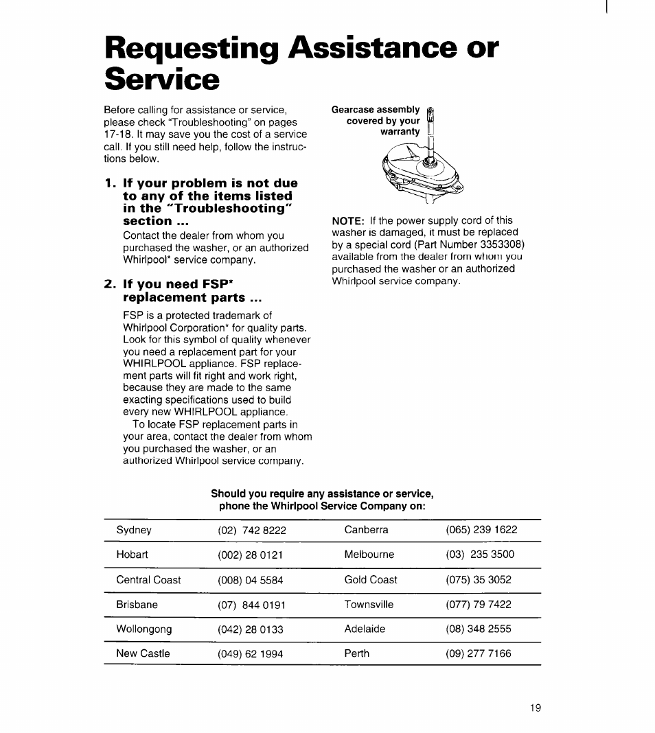 Requesting assistance or service, Requesting assistance, Or service | Whirlpool 6LBR5132BQ2 User Manual | Page 19 / 20