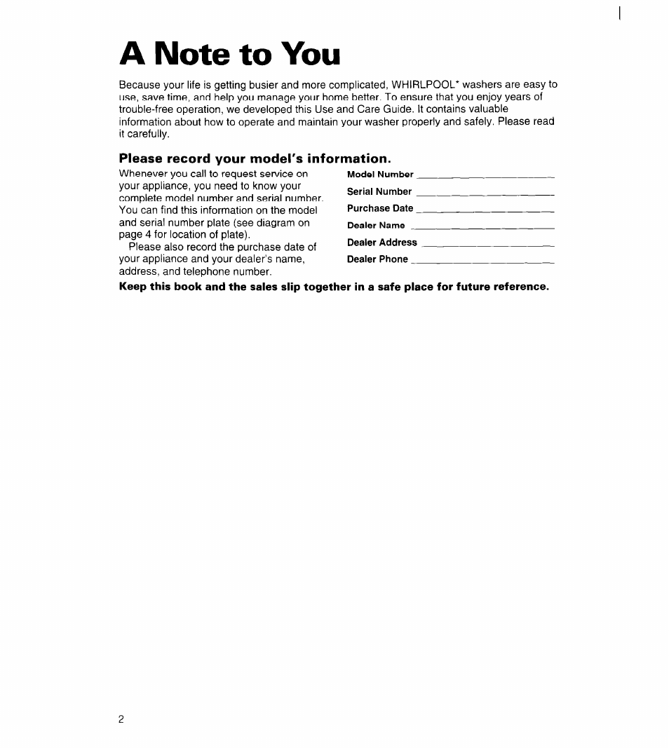 A note to you, Please record your model's information | Whirlpool 6LBR5132BQ2 User Manual | Page 2 / 20