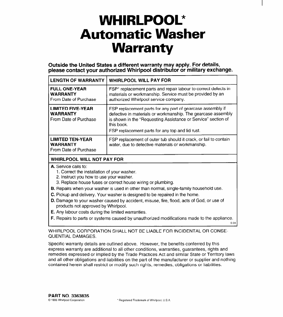 Whirlpool* automatic washer warranty | Whirlpool 6LBR5132BQ2 User Manual | Page 20 / 20
