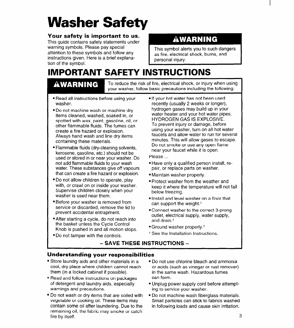 Washer safety, Your safety is important to us, Important safety instructions | Understanding your responsibilities, Âwarning, Awarning | Whirlpool 6LBR5132BQ2 User Manual | Page 3 / 20