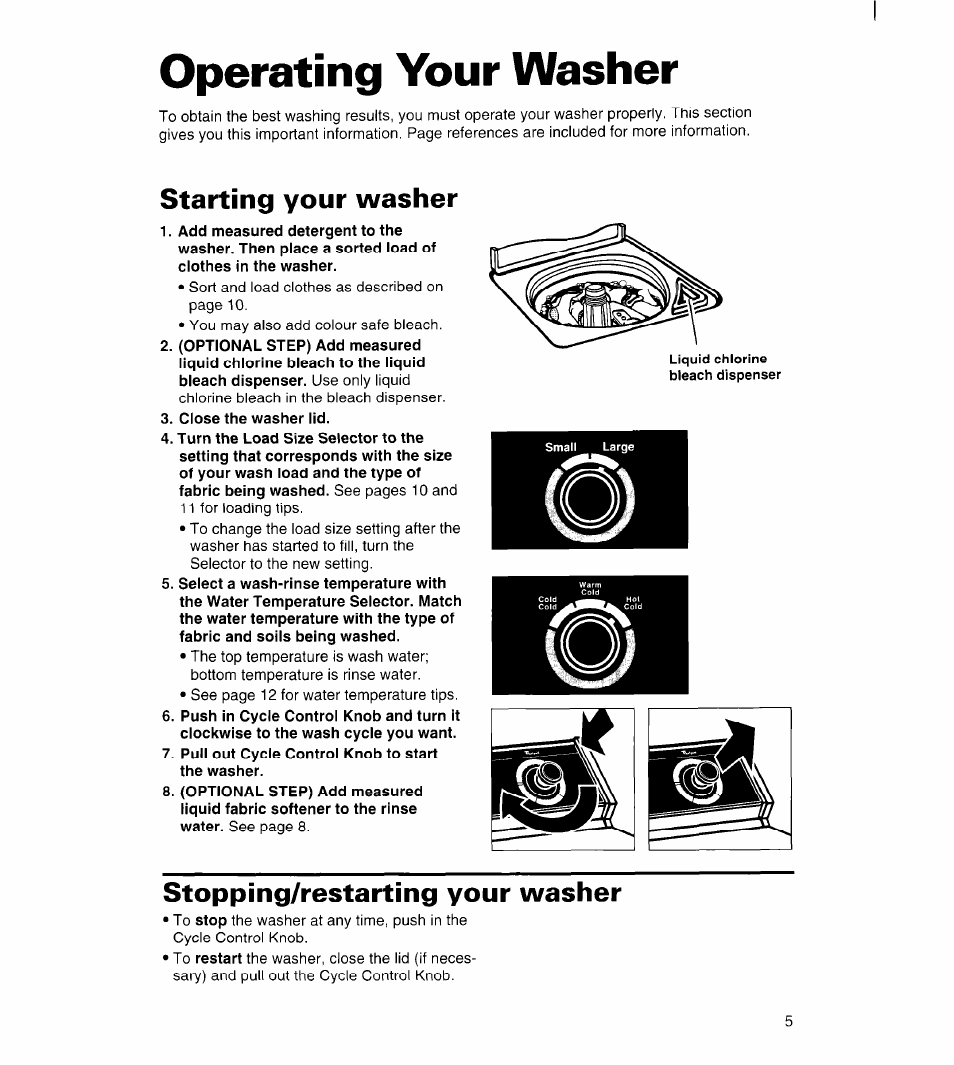 Operating your washer, Starting your washer, Stopping/restarting your washer | Whirlpool 6LBR5132BQ2 User Manual | Page 5 / 20