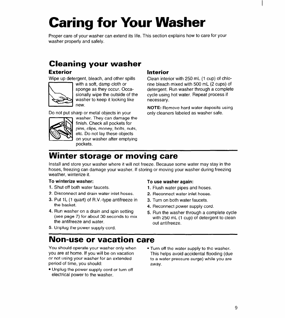 Caring for your washer, Cleaning your washer, Exterior | Interior, Winter storage or moving care, Non-use or vacation care | Whirlpool 6LBR5132BQ2 User Manual | Page 9 / 20