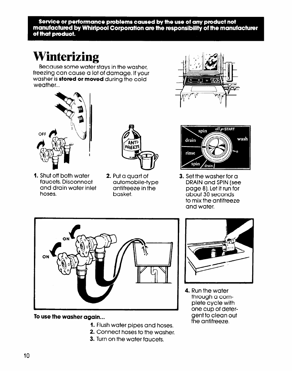 To use the washer again, Winterizing | Whirlpool LA61OOXS User Manual | Page 10 / 12