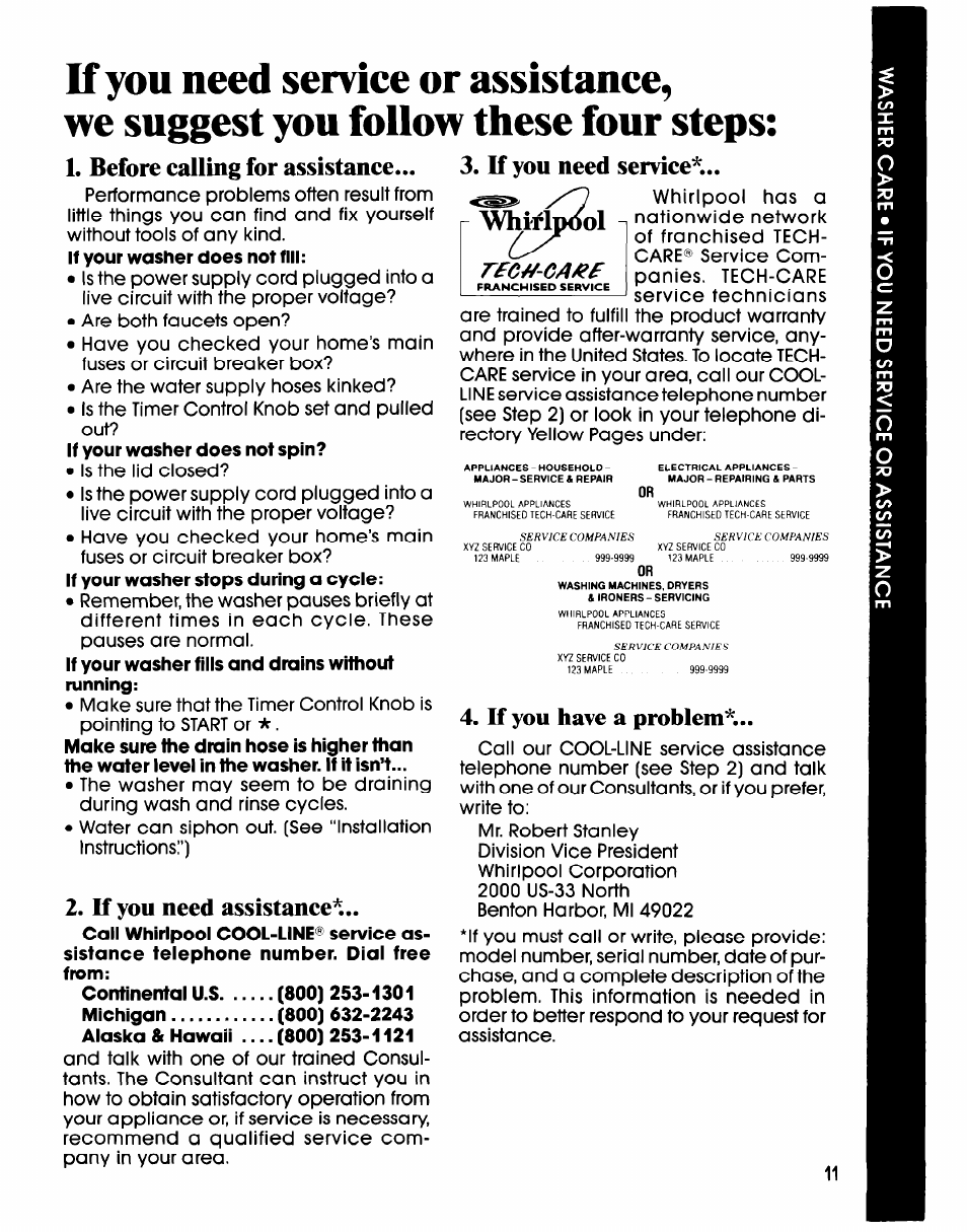 Before calling for assistance, If you need assistances, Whirlpool | If you need service, If you have a problem | Whirlpool LA61OOXS User Manual | Page 11 / 12