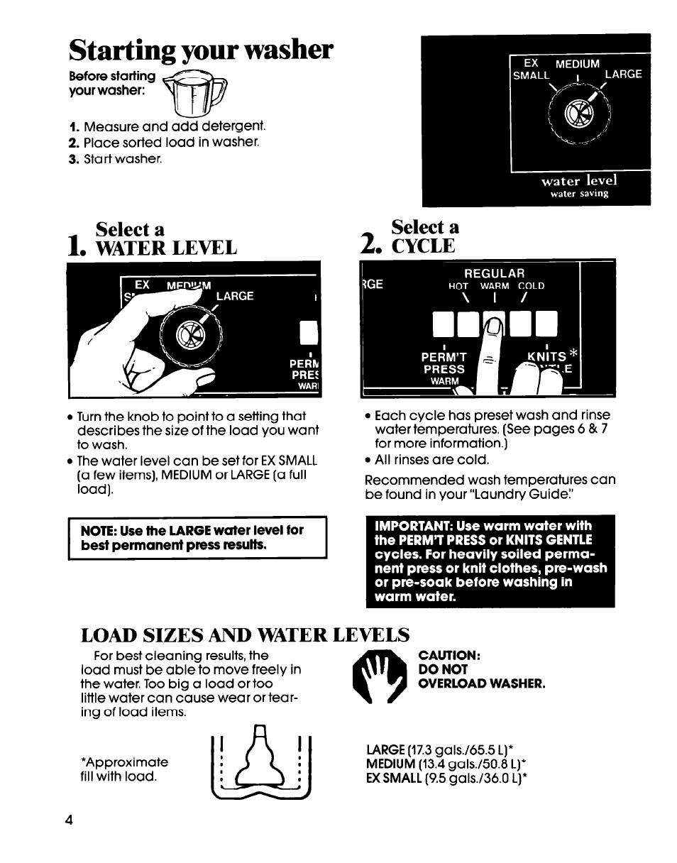 Starting your msher, Select a, Select a 2 | Cycle, Load sizes and water levels, Water level | Whirlpool LA61OOXS User Manual | Page 4 / 12