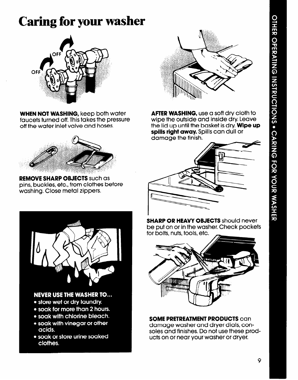 Never use the washer to, Caring for your washer | Whirlpool LA61OOXS User Manual | Page 9 / 12