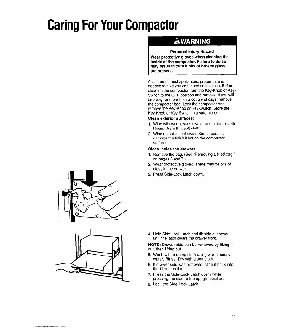 Caring for your compactor, Warning | Whirlpool TC4700X User Manual | Page 11 / 16