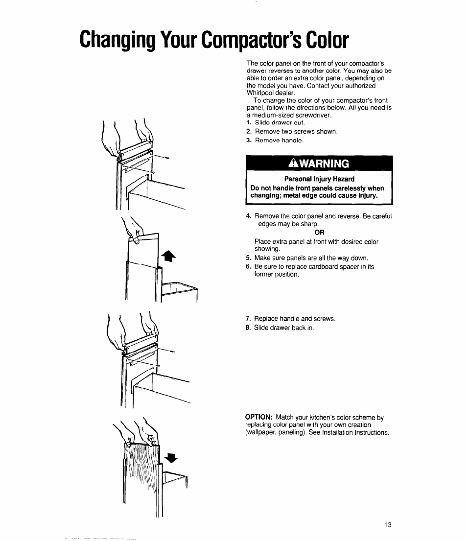 Changing your compactor’s color, Warning | Whirlpool TC4700X User Manual | Page 13 / 16