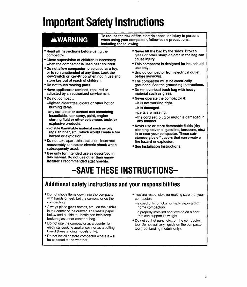 Important safety instructions, Save these instructions, Warning | Whirlpool TC4700X User Manual | Page 3 / 16