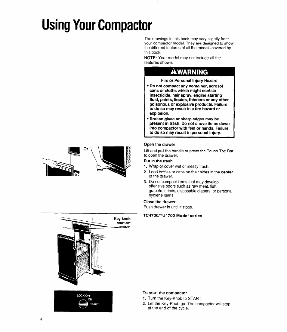 Using your compactor, Warning | Whirlpool TC4700X User Manual | Page 4 / 16