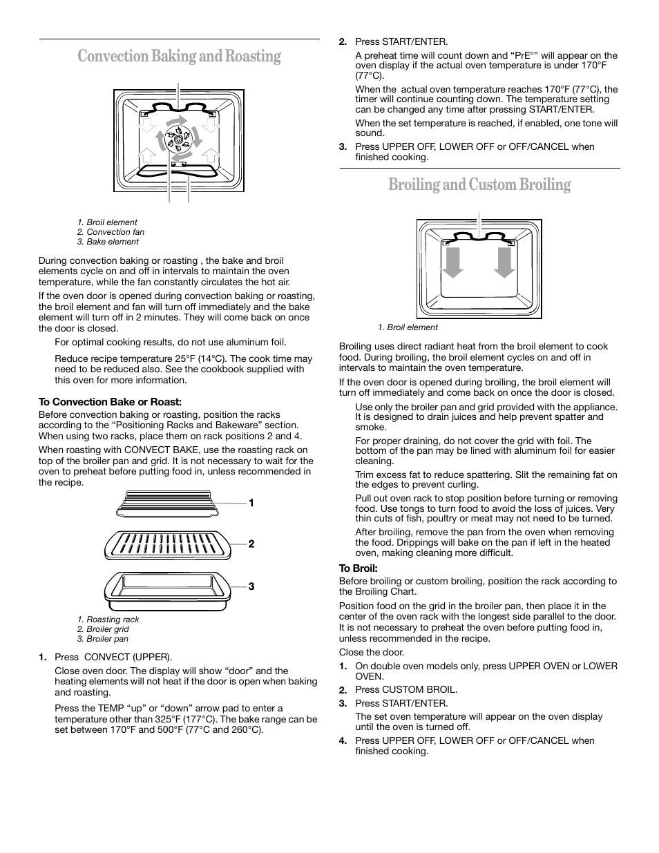 Convection baking and roasting, Broiling and custom broiling | Whirlpool YGBD277 User Manual | Page 10 / 16