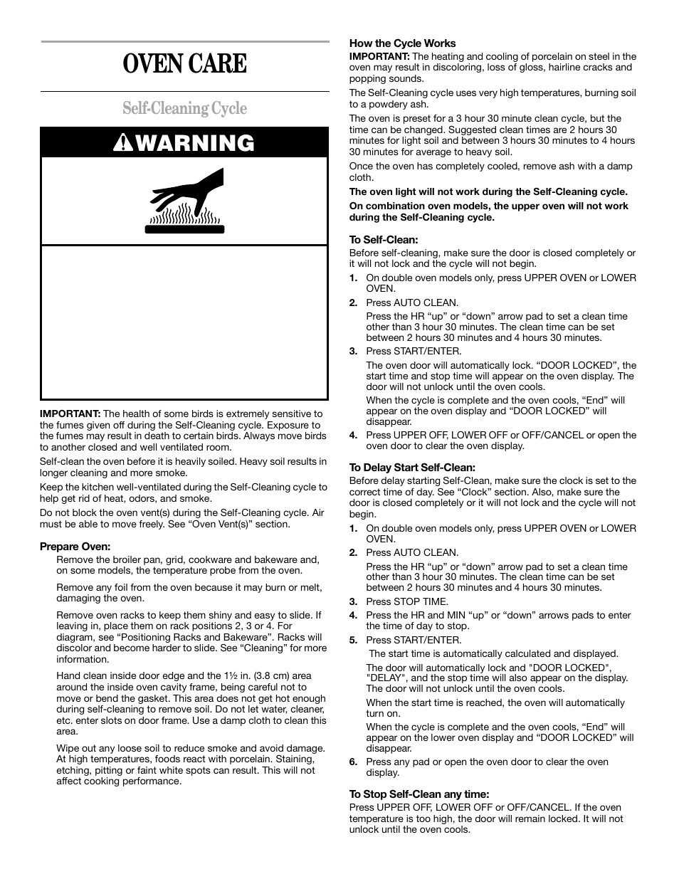 Oven care, Warning, Self-cleaning cycle | Whirlpool YGBD277 User Manual | Page 12 / 16