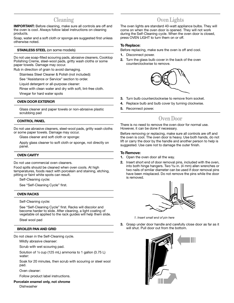 Cleaning, Oven lights, Oven door | Whirlpool YGBD277 User Manual | Page 13 / 16