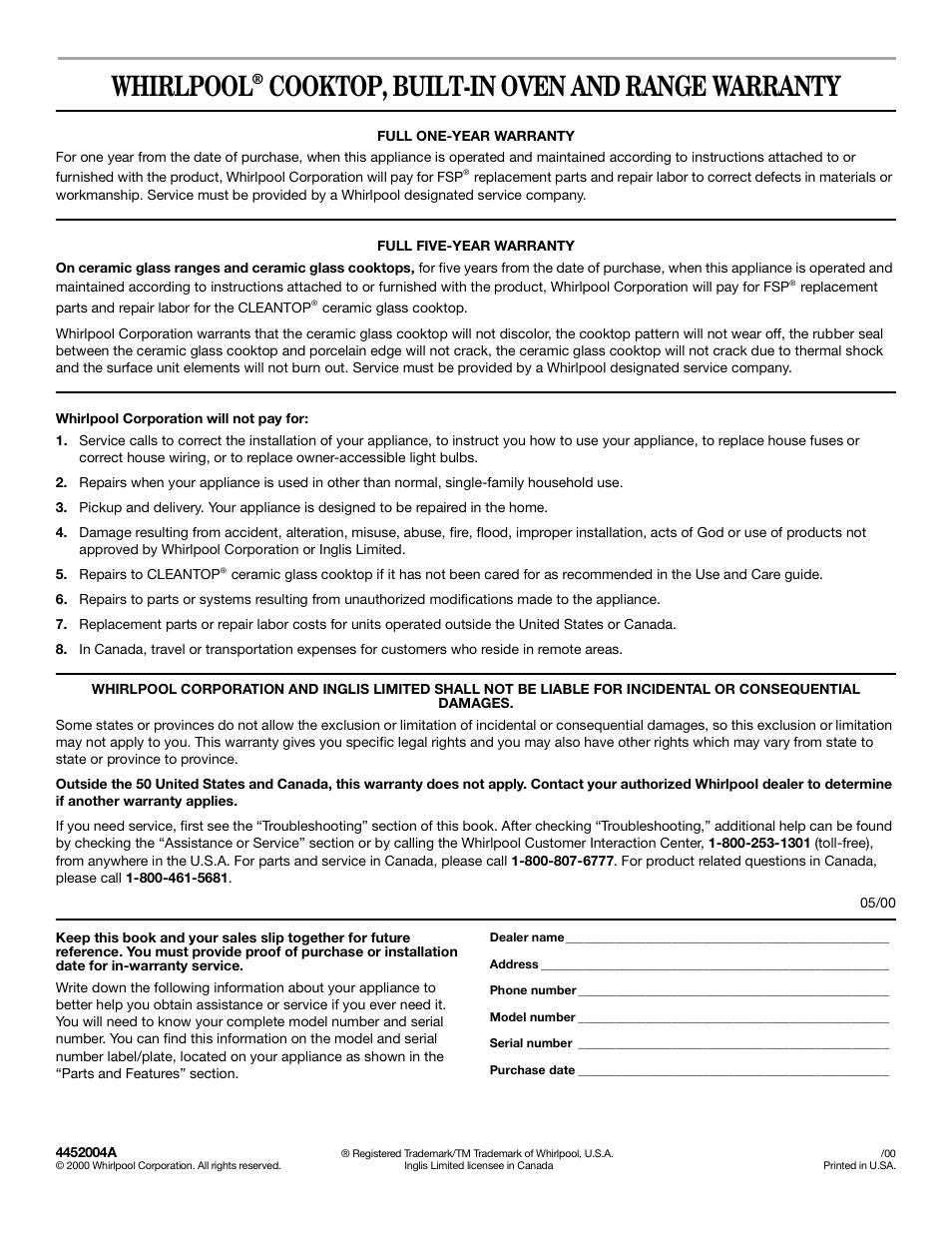 Warranty, Whirlpool, Cooktop, built-in oven and range warranty | Whirlpool YGBD277 User Manual | Page 16 / 16