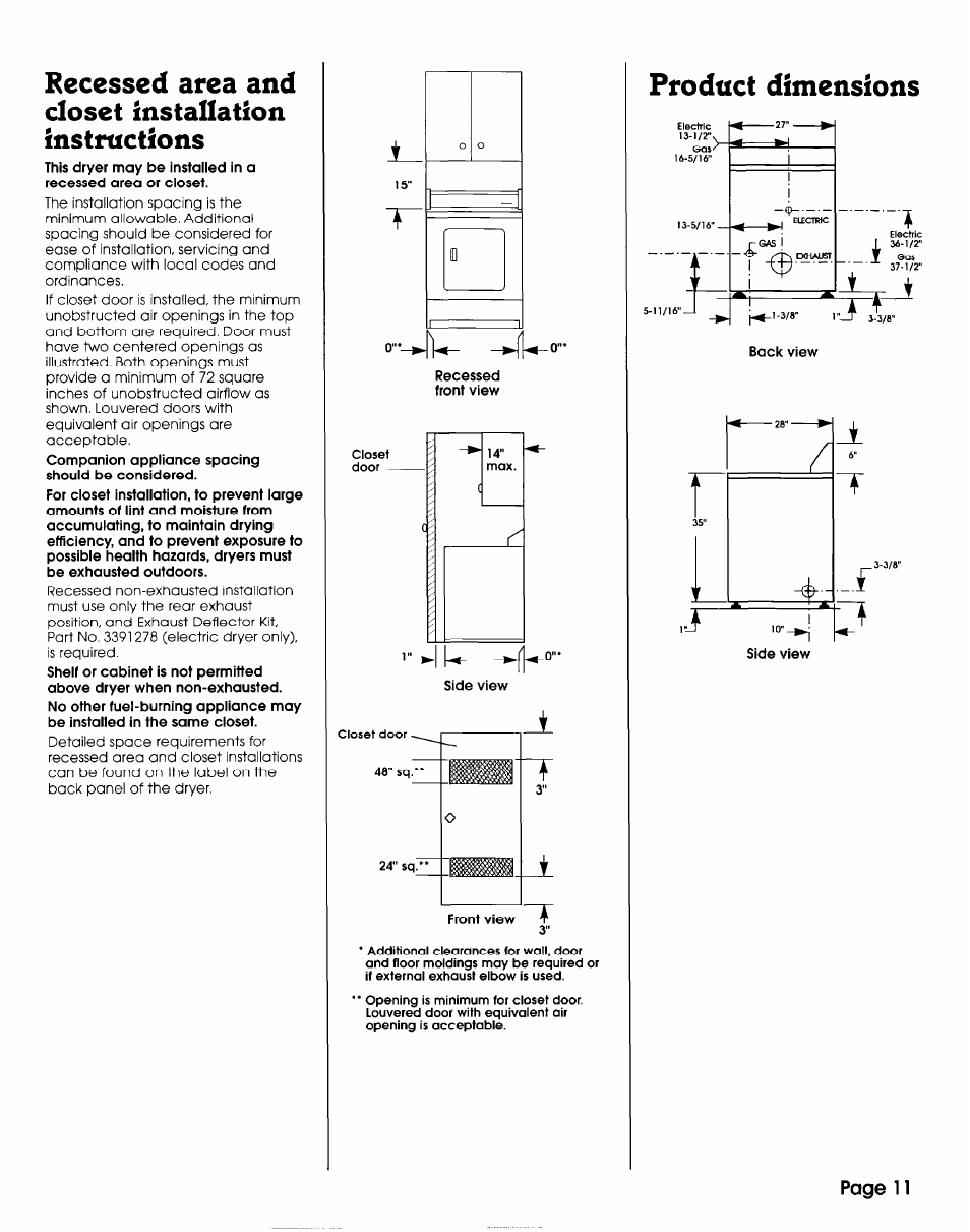 Recessed area and closet installation instructions, Product dimensions, Page 11 | Whirlpool 3406449 User Manual | Page 11 / 12