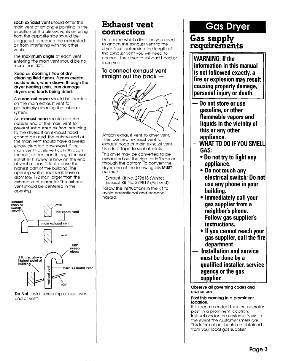 Exhaust vent connection, Gas supply requirements, Gas dryer gas supply requirements | Whirlpool 3406449 User Manual | Page 3 / 12