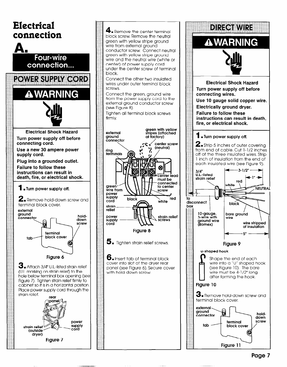 Four-wire, Connection, Power supply cord | Direct wire, Electrical connection, Warning, Four-wire connection... power supply cord | Whirlpool 3406449 User Manual | Page 7 / 12