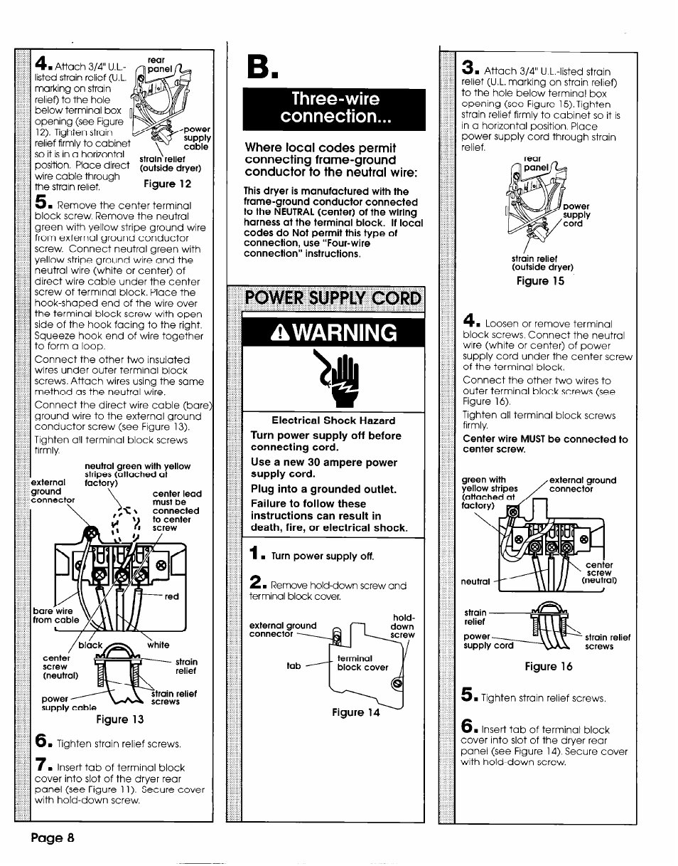 Three-wire, Connection, Power supply cord | Warning v, Three-wire connection, Page 8 | Whirlpool 3406449 User Manual | Page 8 / 12