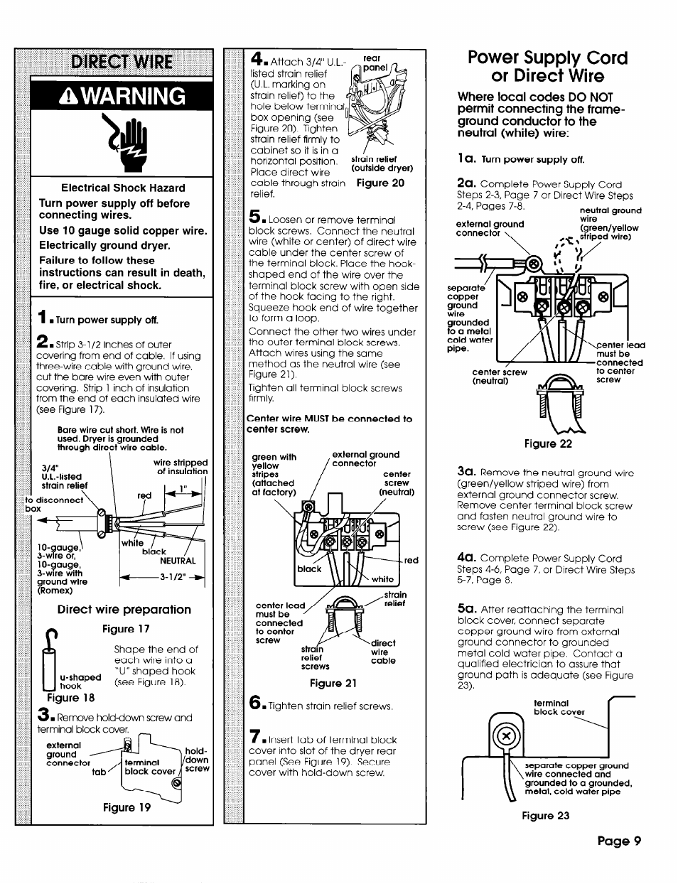 Direct wire, Power supply cord or direct wire, Warning | Page 9 | Whirlpool 3406449 User Manual | Page 9 / 12