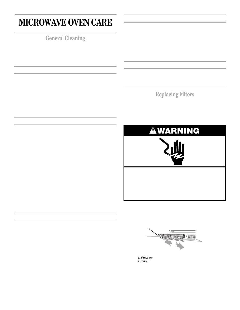 Microwave oven care, Warning, General cleaning | Replacing filters | Whirlpool GH8155XJ User Manual | Page 16 / 20