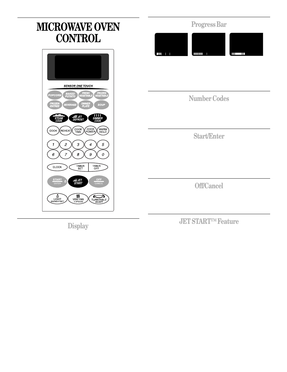 Microwave oven control, Display, Progress bar | Number codes, Start/enter, Off/cancel, Jet start™ feature | Whirlpool GH8155XJ User Manual | Page 7 / 20