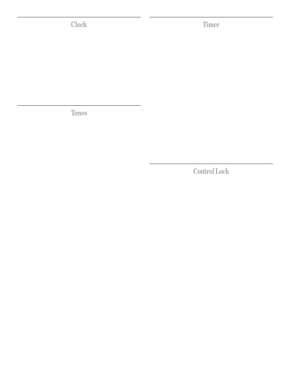 Clock, Tones, Timer | Control lock | Whirlpool GH8155XJ User Manual | Page 8 / 20