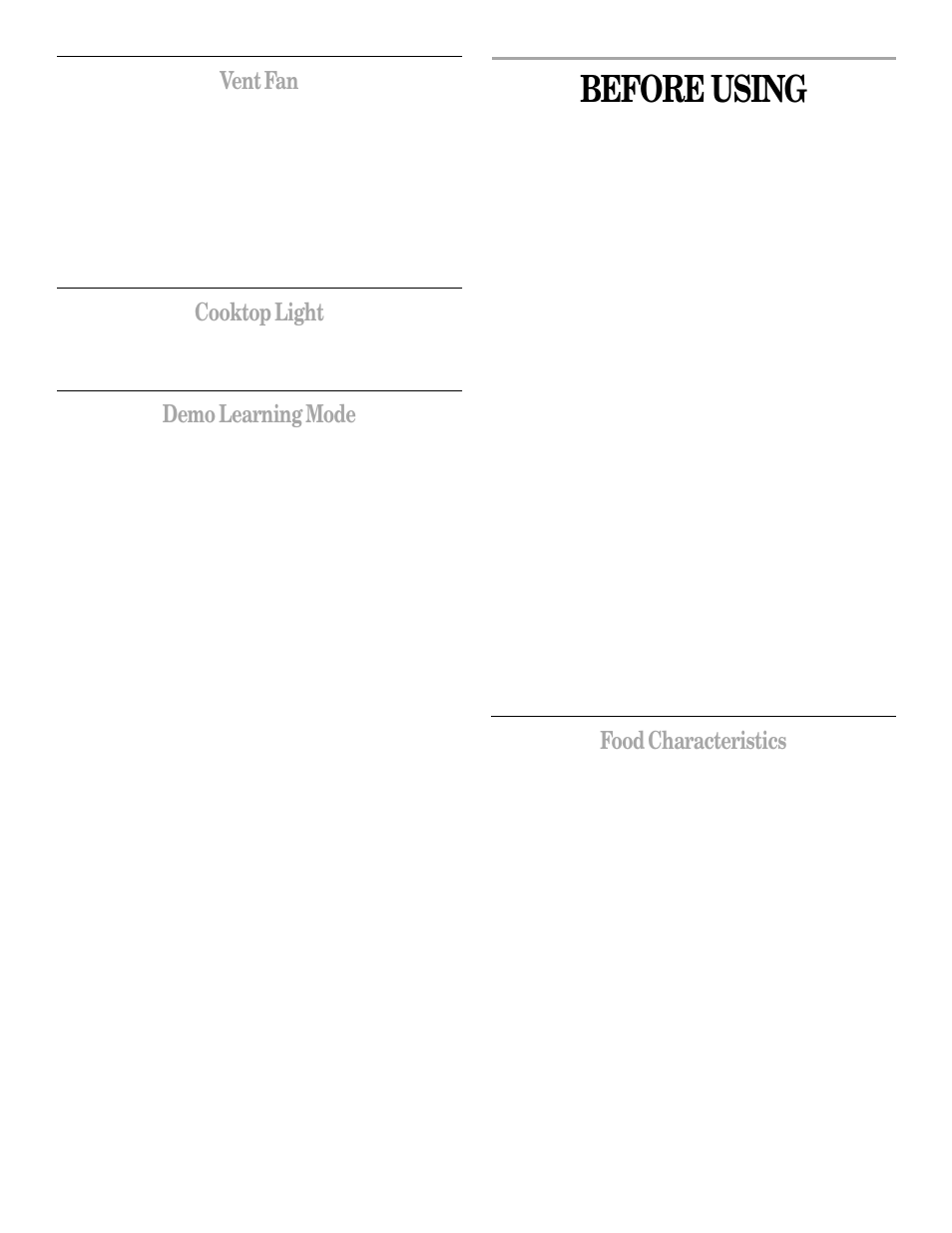 Before using, Vent fan, Cooktop light | Demo learning mode, Food characteristics | Whirlpool GH8155XJ User Manual | Page 9 / 20