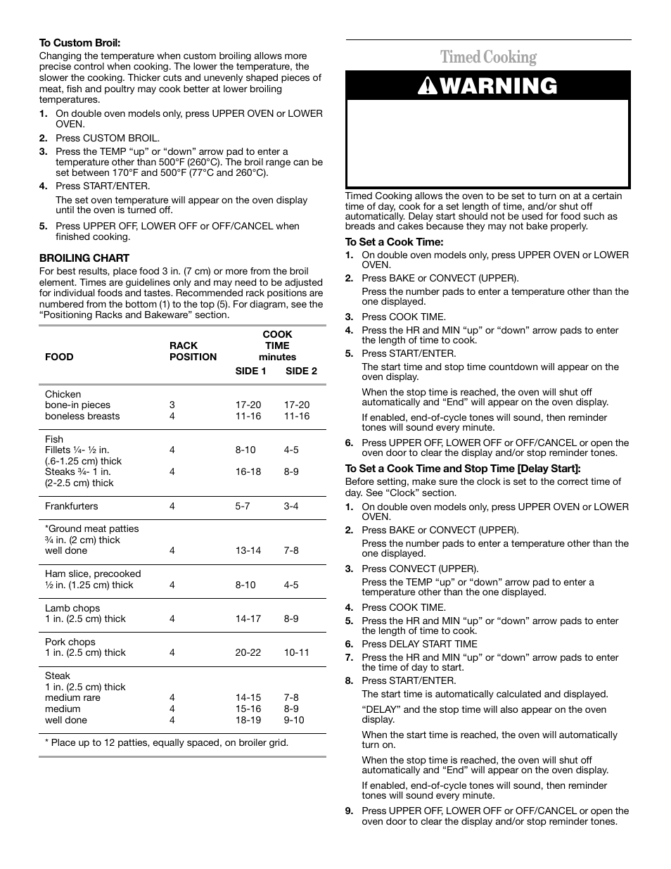 Warning, Timed cooking | Whirlpool GBS277 User Manual | Page 11 / 16