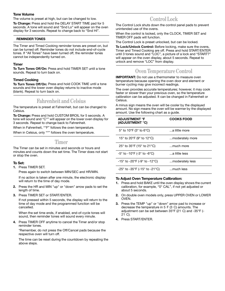 Fahrenheit and celsius, Timer, Control lock | Oven temperature control | Whirlpool GBS277 User Manual | Page 7 / 16