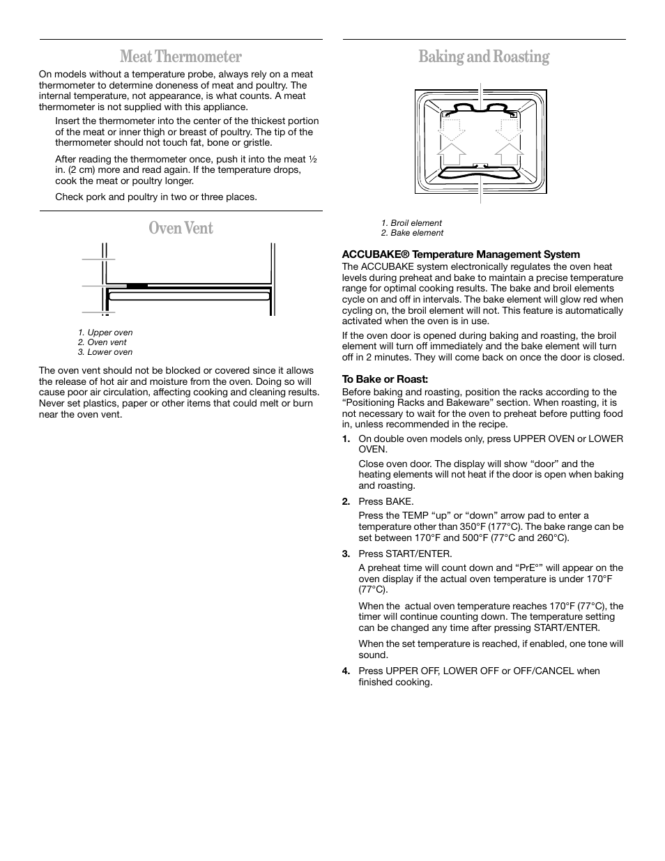 Meat thermometer, Oven vent, Baking and roasting | Whirlpool GBS277 User Manual | Page 9 / 16