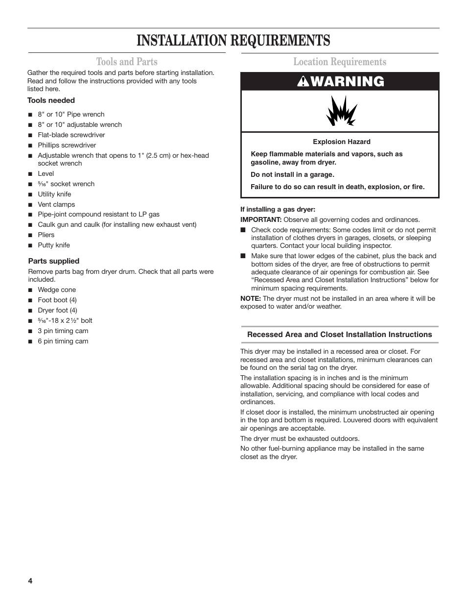 Installation requirements, Warning, Location requirements | Tools and parts | Whirlpool 8TCEM2760KQ0 User Manual | Page 4 / 36