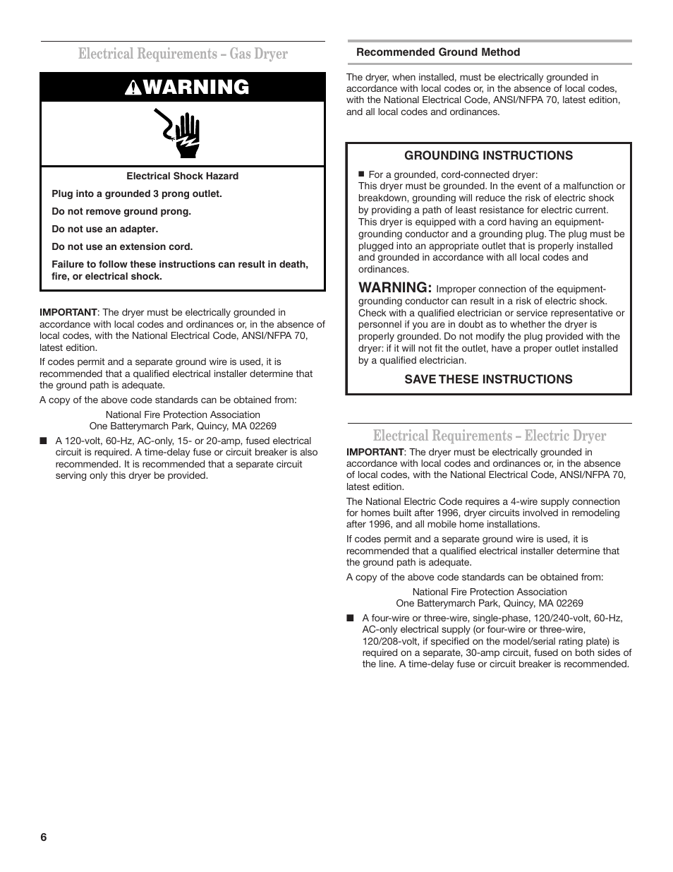 Warning, Electrical requirements – gas dryer, Electrical requirements – electric dryer | Whirlpool 8TCEM2760KQ0 User Manual | Page 6 / 36