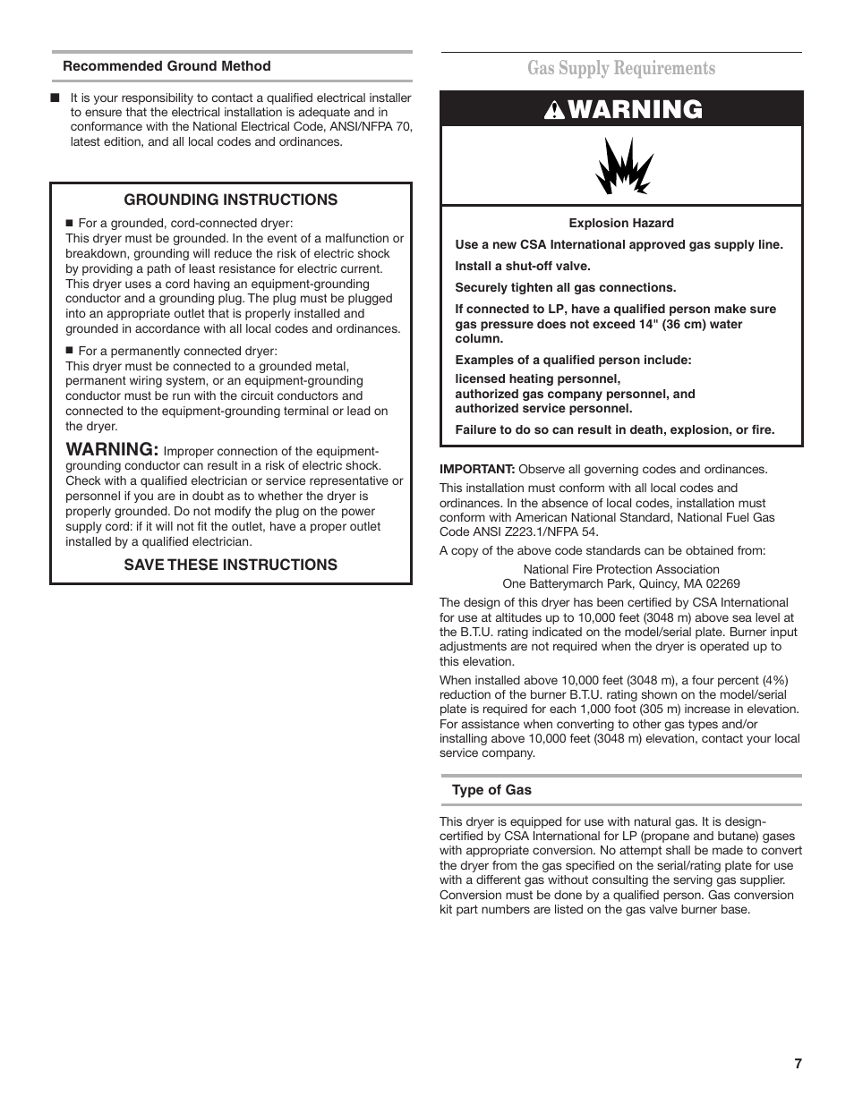 Warning, Gas supply requirements | Whirlpool 8TCEM2760KQ0 User Manual | Page 7 / 36