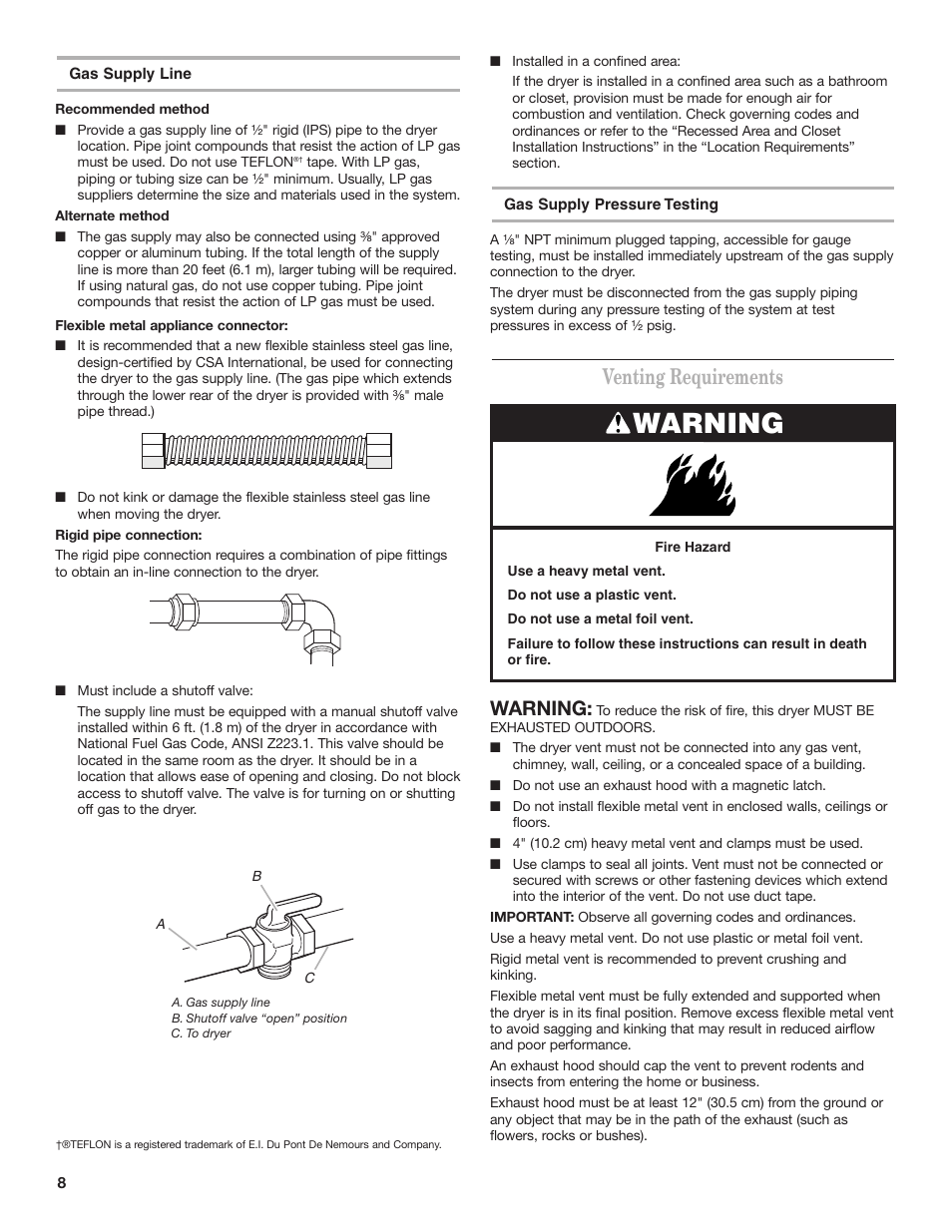 Venting requirements, Warning | Whirlpool 8TCEM2760KQ0 User Manual | Page 8 / 36