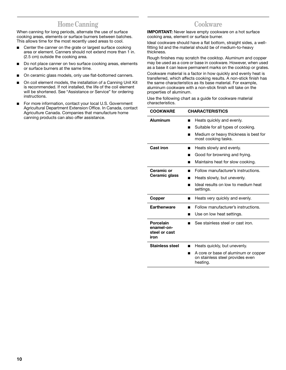 Home canning, Cookware | Whirlpool 8522773A User Manual | Page 10 / 24