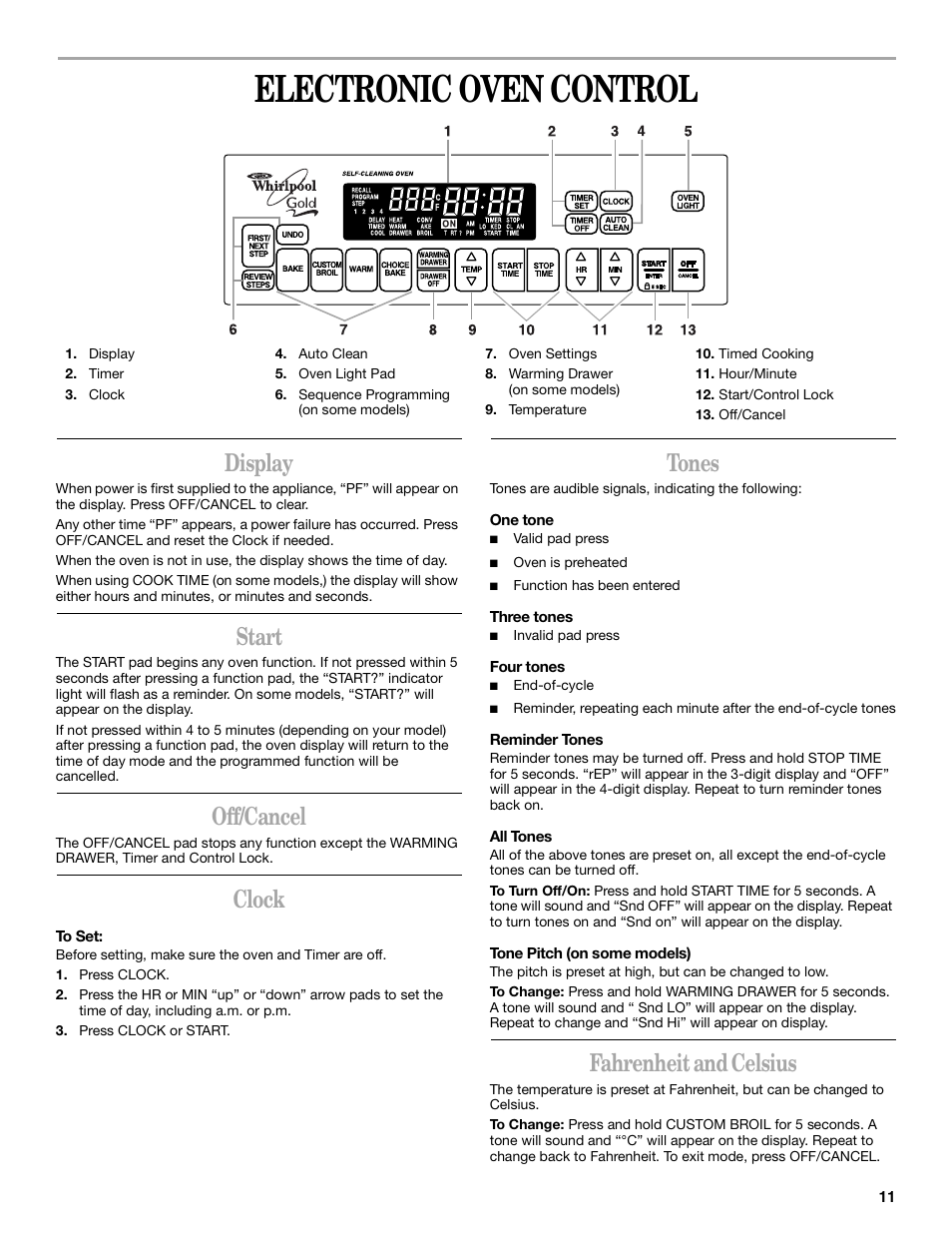 Electronic oven control, Display, Start | Off/cancel, Clock, Tones, Fahrenheit and celsius | Whirlpool 8522773A User Manual | Page 11 / 24