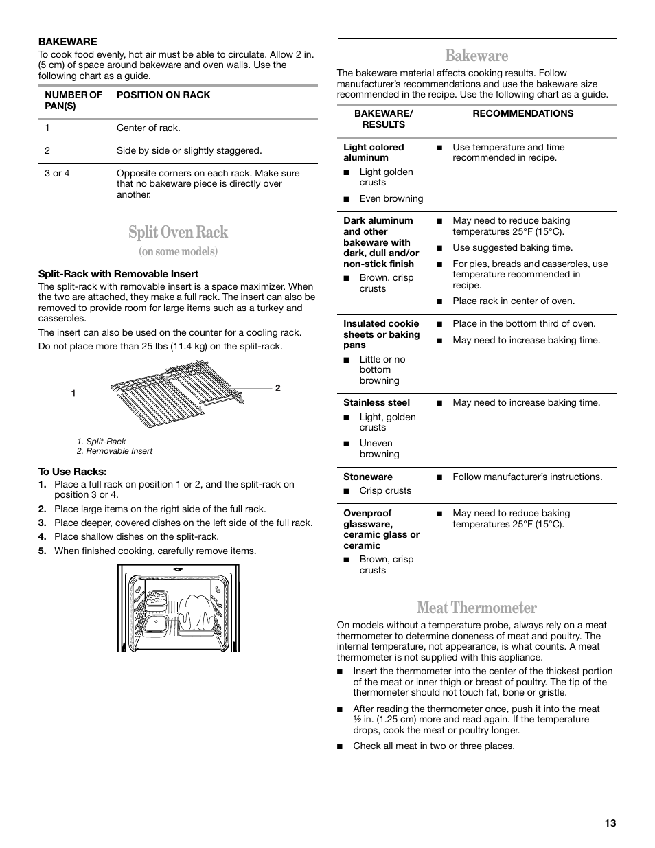 Split oven rack, Bakeware, Meat thermometer | On some models) | Whirlpool 8522773A User Manual | Page 13 / 24