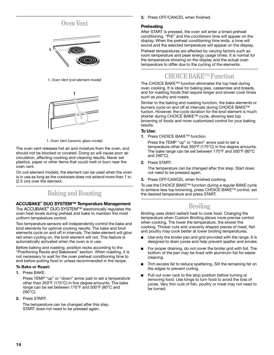 Oven vent, Baking and roasting, Choice bake™ function | Broiling | Whirlpool 8522773A User Manual | Page 14 / 24
