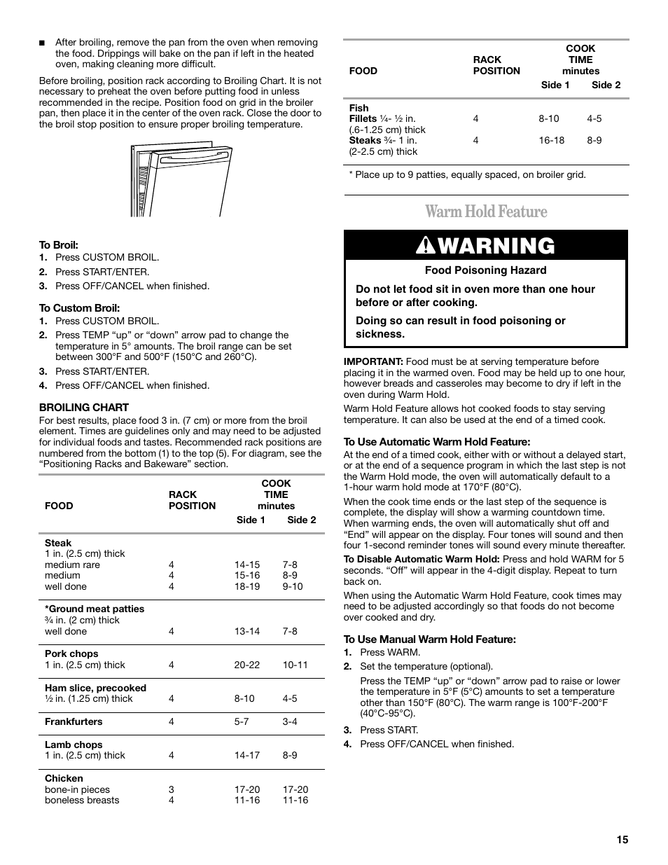 Warmholdfeature, Warning, Warm hold feature | Whirlpool 8522773A User Manual | Page 15 / 24