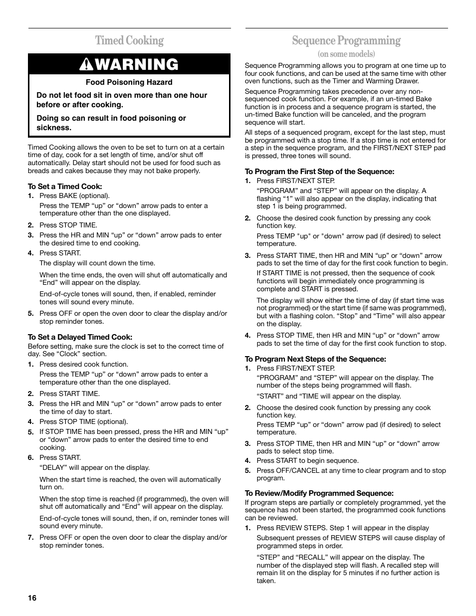 Timed cooking, Sequence programming, Warning | Whirlpool 8522773A User Manual | Page 16 / 24