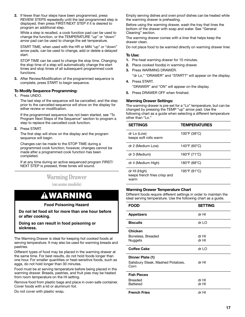 Warming drawer, Warning | Whirlpool 8522773A User Manual | Page 17 / 24