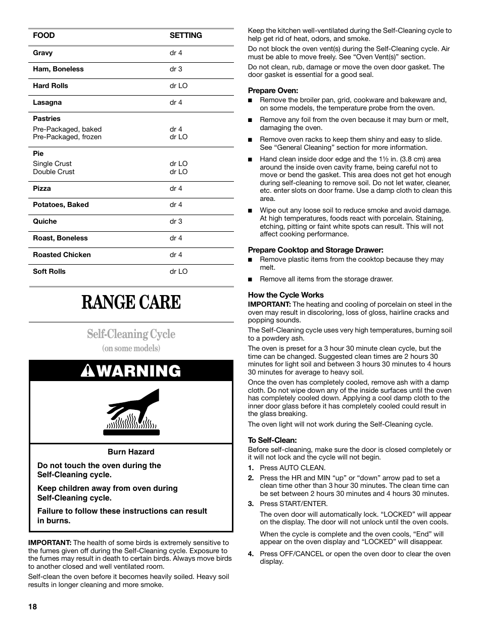 Range care, Warning, Self-cleaning cycle | On some models) | Whirlpool 8522773A User Manual | Page 18 / 24