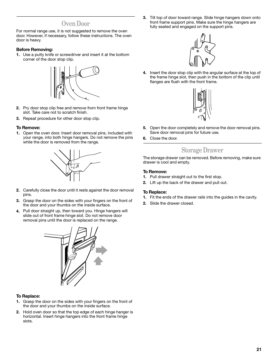 Oven door, Storage drawer | Whirlpool 8522773A User Manual | Page 21 / 24
