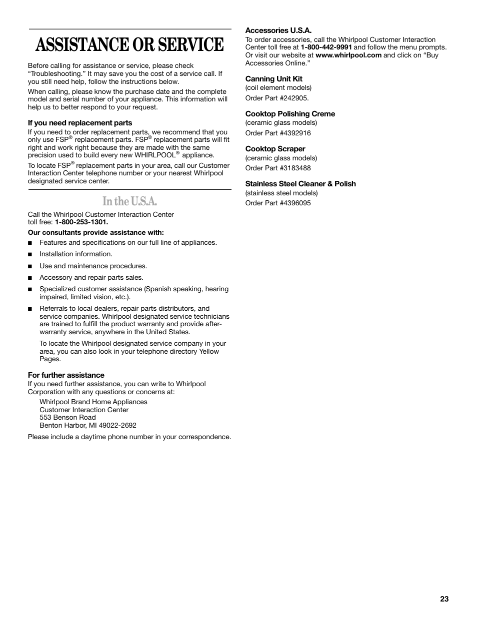 Assistance or service | Whirlpool 8522773A User Manual | Page 23 / 24