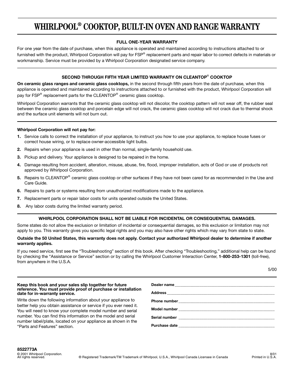 Warranty, Whirlpool, Cooktop, built-in oven and range warranty | Whirlpool 8522773A User Manual | Page 24 / 24