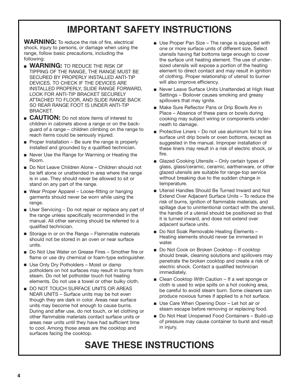 Important safety instructions, Save these instructions, Warning | Caution | Whirlpool 8522773A User Manual | Page 4 / 24