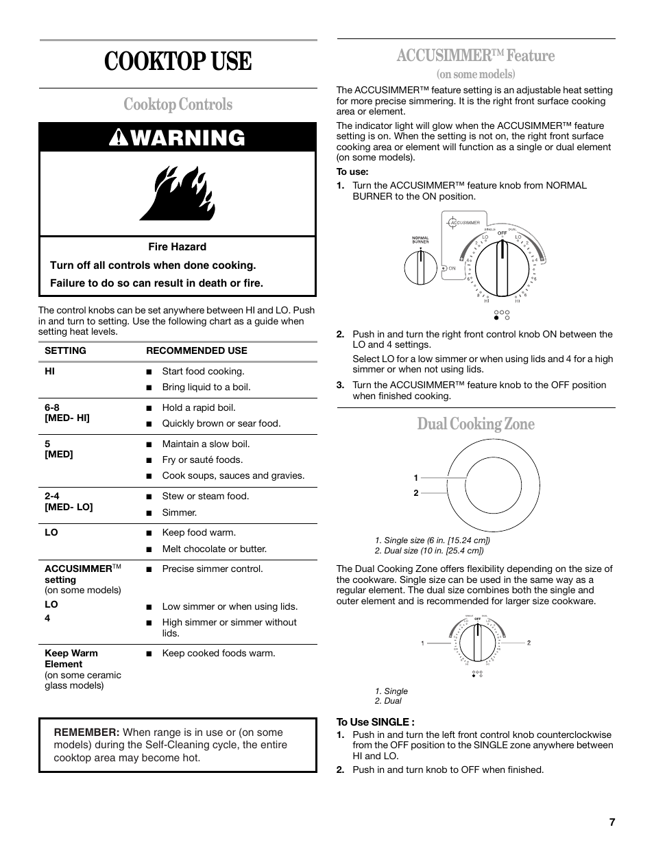 Cooktop use, Warning, Cooktop controls | Accusimmer™ feature, Dual cooking zone, On some models) | Whirlpool 8522773A User Manual | Page 7 / 24