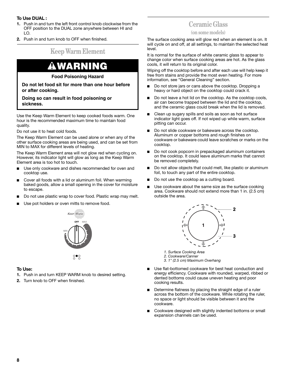 Warning, Keep warm element, Ceramic glass | On some models) | Whirlpool 8522773A User Manual | Page 8 / 24