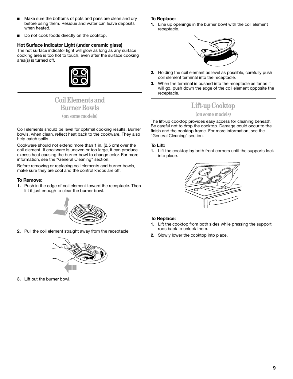 Coil elements and burner bowls, Lift-up cooktop, On some models) | Whirlpool 8522773A User Manual | Page 9 / 24